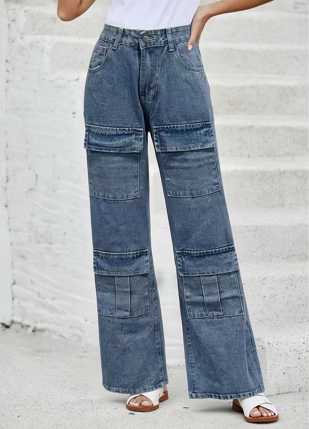 Damen High‑Waist Utility-Denimhose mit aufgesetzten Knie-Patches, Cargo‑Taschen und weitem Schlag Nord Taschen