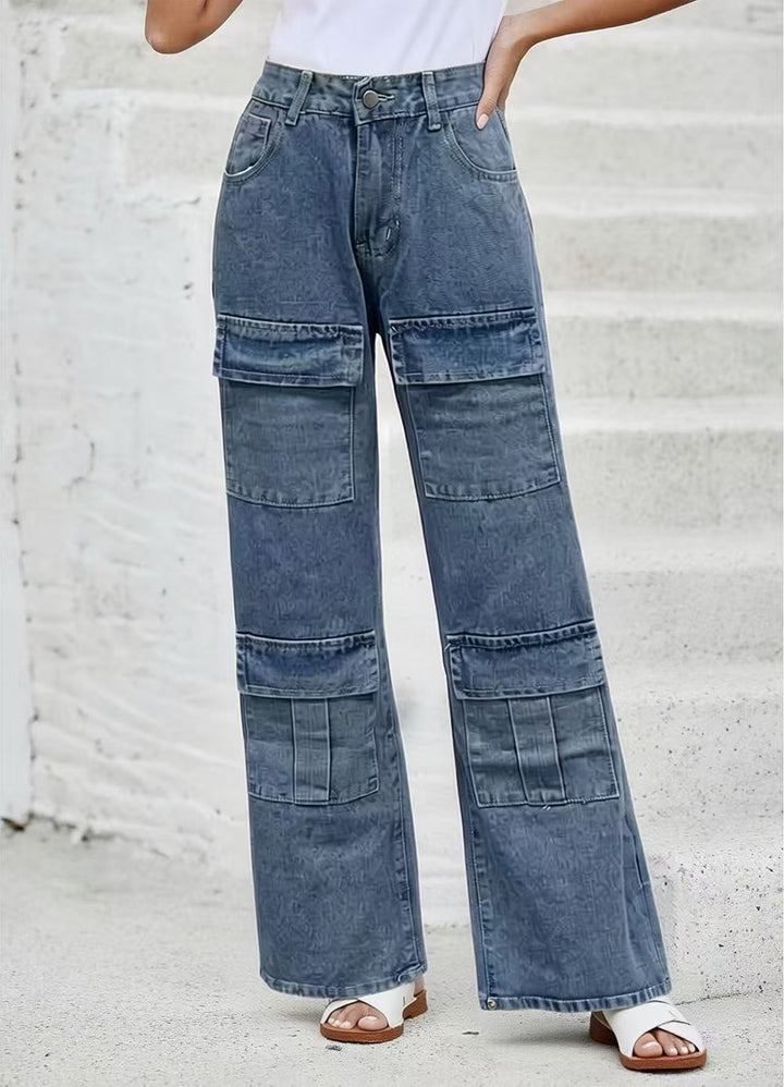 Damen High‑Waist Utility-Denimhose mit aufgesetzten Knie-Patches, Cargo‑Taschen und weitem Schlag Nord Taschen