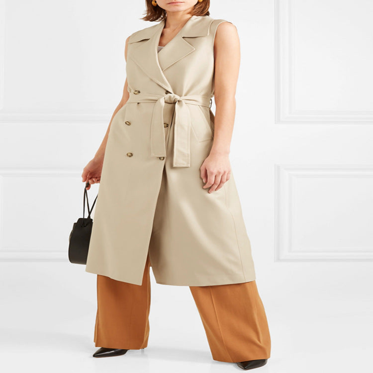 Damen ärmelloser Wickel-Trenchcoat aus Baumwollmix mit doppelreihiger Knopfleiste und Taillengürtel Nord Taschen