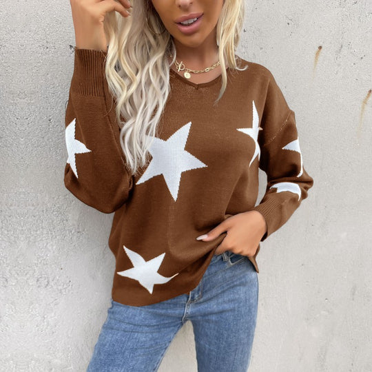 Damen Oversize V‑Ausschnitt Strickpullover mit großem Sternen‑Jacquard Nord Taschen