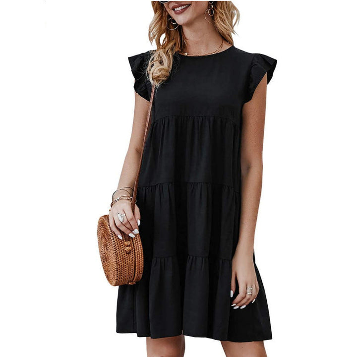 Damen lässiges tierfreies T-Shirt Kleid mit Volantärmel Nord Taschen