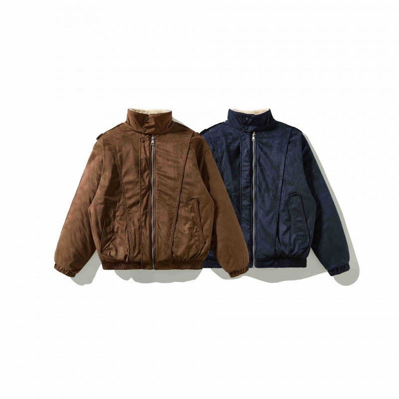Herren Veloursleder-Optik Bomberjacke mit hohem Stehkragen und Teddyfutter Nord Taschen