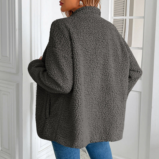 Damen kuschelige Fleecejacke mit hohen Kragen und praktischen Taschen