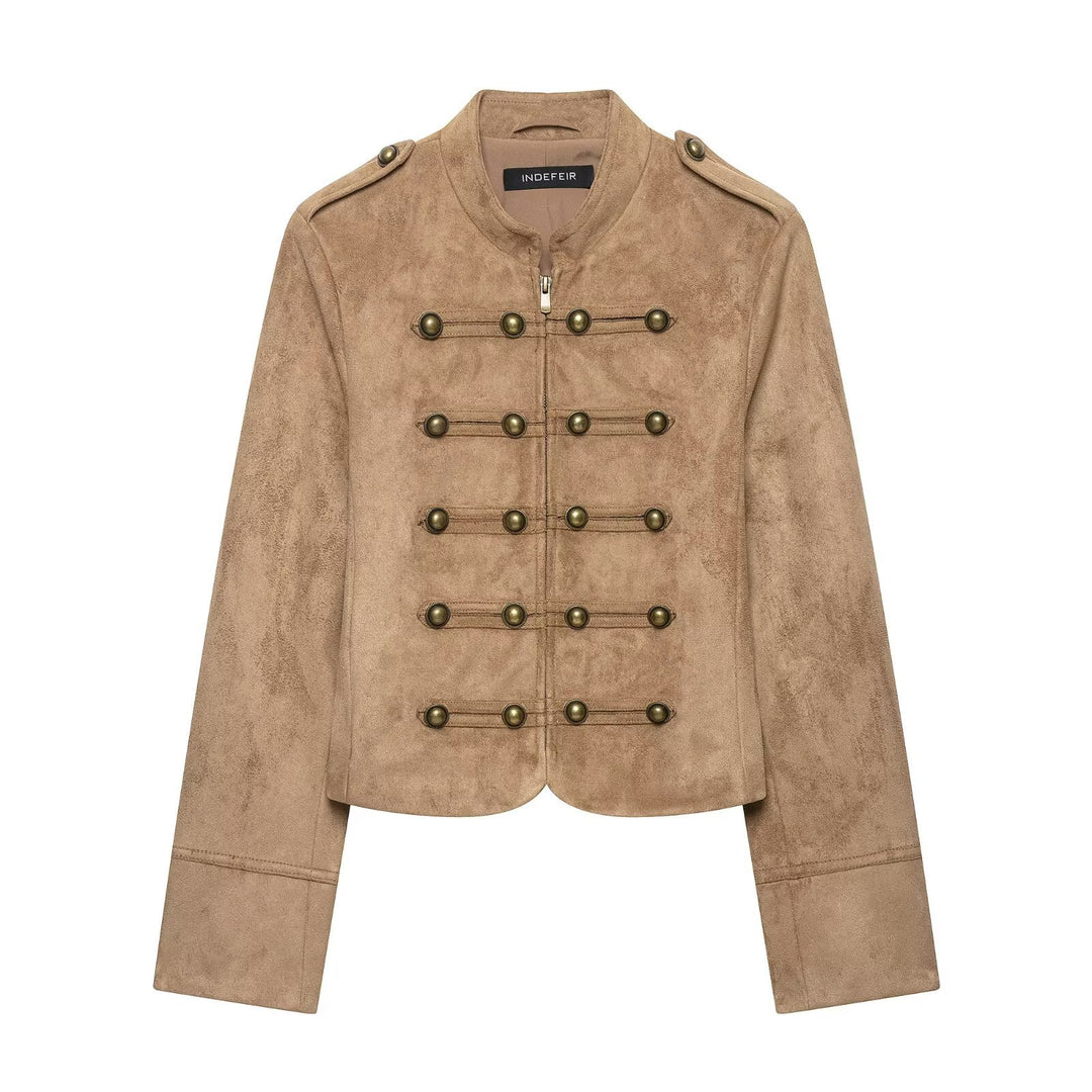 Damen Kurzjacke im Militärstil aus Veloursimitat mit Stehkragen, Epauletten und dekorativer Zierknopfleiste Nord Taschen