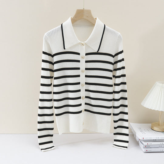 Damen Marin-inspiriertes Rippenstrick-Cardigan mit Polokragen und Zierknopfleiste Nord Taschen
