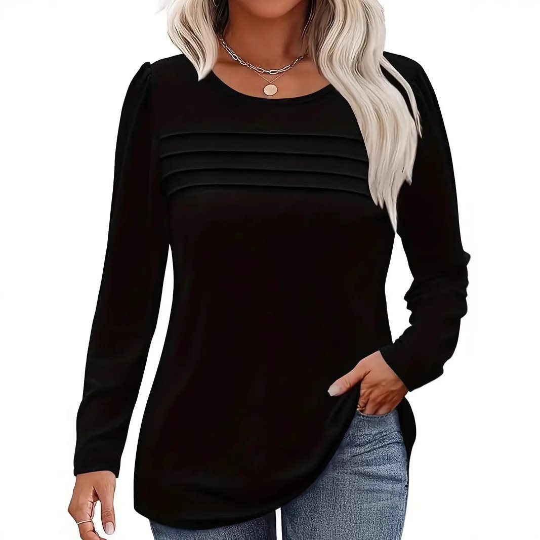 Damen Feines Langarmshirt mit Rundhalsausschnitt, dekorativen Kellerfalten und leicht taillierter A‑Linie Nord Taschen