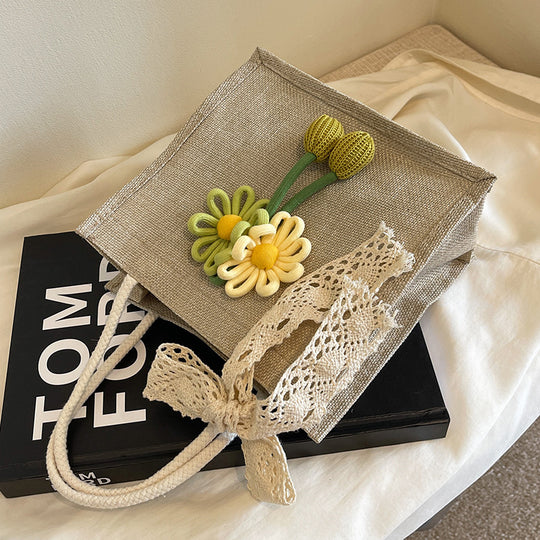 Damen praktische Jute-Tragetasche mit floralem Dekor und verspieltem Schleifenakzent Nord Taschen