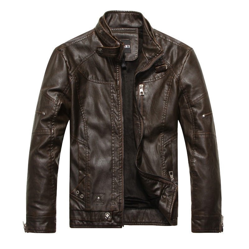 Herren Vintage-Lederoptik-Jacke im Bikerstil mit Stehkragen, Ziernähten und Reißverschluss-Details Nord Taschen