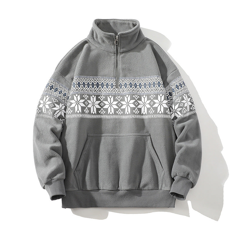 Unisex Norwegermuster-Fleecejacke mit Stehkragen, durchgehendem Reißverschluss und Kordelzug Nord Taschen