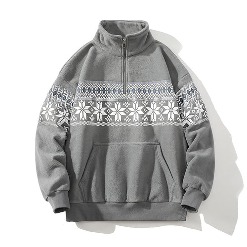 Unisex Norwegermuster-Fleecejacke mit Stehkragen, durchgehendem Reißverschluss und Kordelzug Nord Taschen