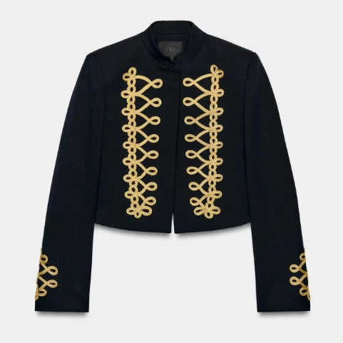 Damen Taillierter Cropped Militärblazer mit Stehkragen und goldverzierten Epauletten Nord Taschen