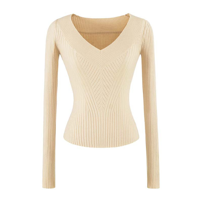 Damen Taillierter Rippstrick-Pullover mit V-Ausschnitt und formgebender Struktur Nord Taschen