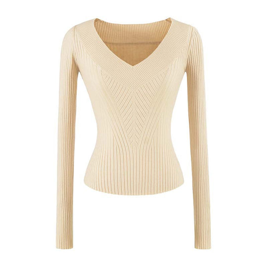 Damen Taillierter Rippstrick-Pullover mit V-Ausschnitt und formgebender Struktur Nord Taschen