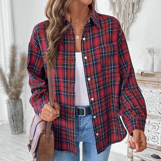 Damen Oversize-Karo-Hemdbluse aus weichem Flanell mit Brusttasche und verlängertem Rückenteil Nord Taschen