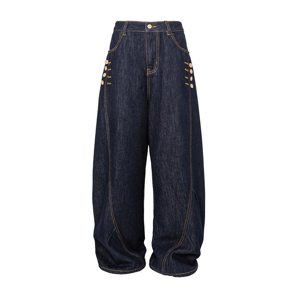 Damen Weite High‑Waist Jeanshose mit Ballon‑Silhouette und seitlichen Zierknöpfen Nord Taschen