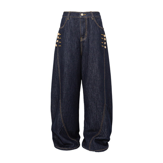 Damen Weite High‑Waist Jeanshose mit Ballon‑Silhouette und seitlichen Zierknöpfen Nord Taschen