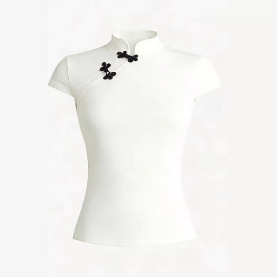 Damen Chinesisch inspirierte Bluse mit modernem Stehkragen und floralen Details