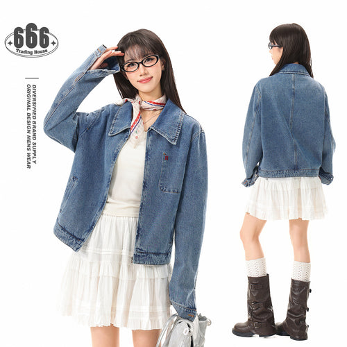 Damen Kurze Oversize-Denimjacke mit durchgehendem Reißverschluss und Brusttasche Nord Taschen