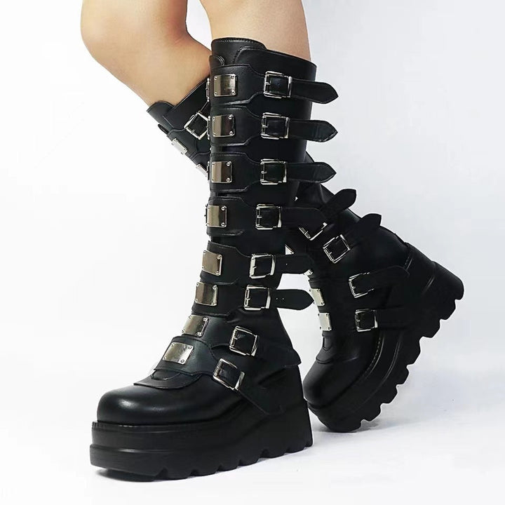 Damen Plattform Stiefel mit modischem Schnallen-Design und stabiler Sohle