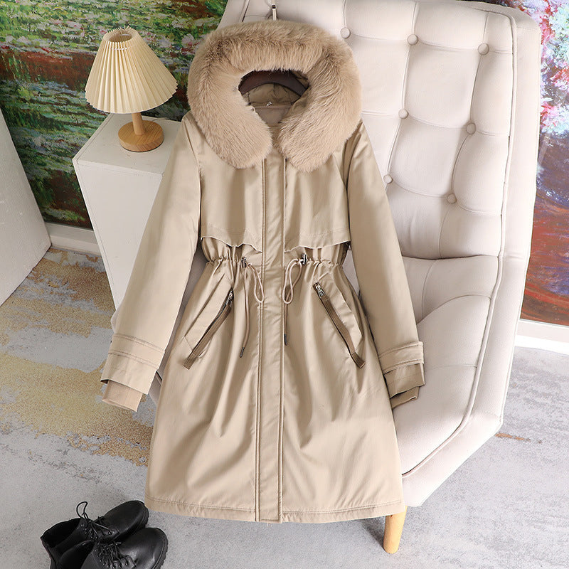Damen nan taillierter Winterparka mit breitem Kunstfellkragen und Kordelzugtaillierung Nord Taschen