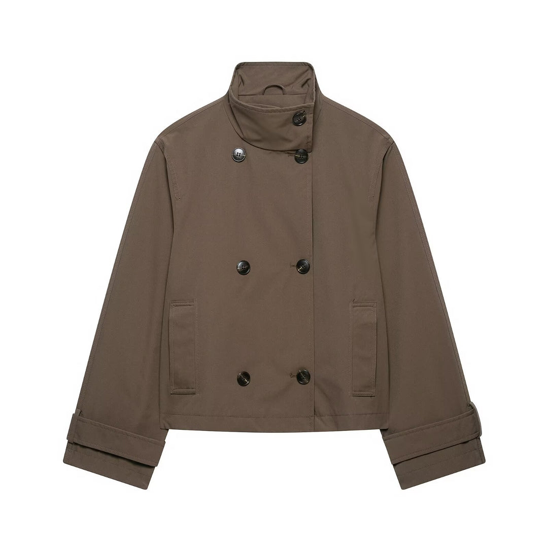 Damen Kurz geschnittener Doppelreihiger Trenchcoat mit Stehkragen und verstellbaren Ärmelriemen Nord Taschen