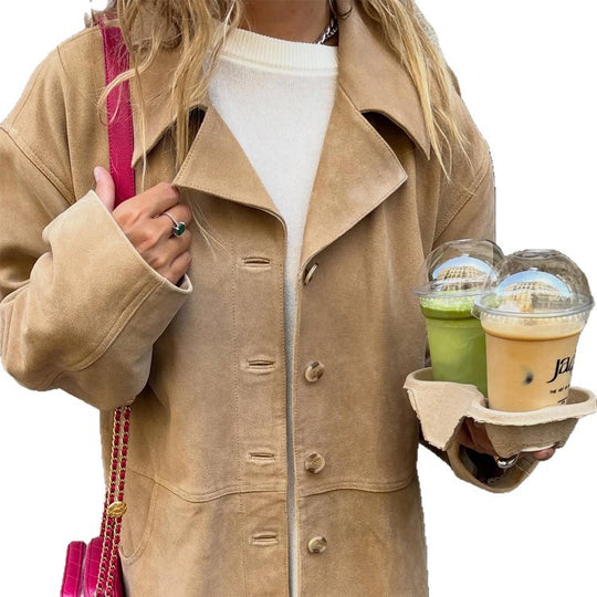 Damen Kurzmantel aus Veloursleder‑Optik mit kastiger Silhouette, Hornknopf‑Front & Eingrifftaschen Nord Taschen