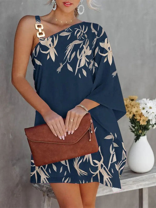 Damen asymmetrisches Kleid mit floralem Print und schulterfreiem Design