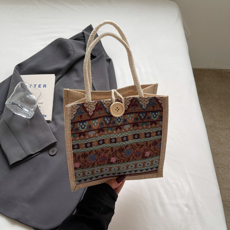 Damen Jute-Handtasche mit handgewebtem Ethnodruck Nord Taschen