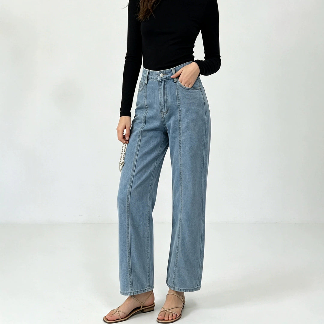 Damen hochtaillierte Jeans mit vertikaler Nahtpasse und weitem Bein Nord Taschen