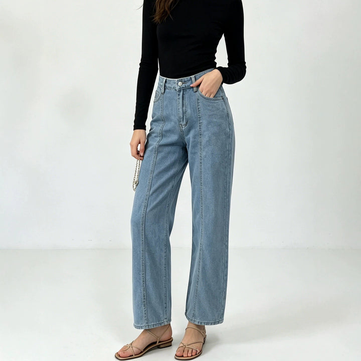 Damen hochtaillierte Jeans mit vertikaler Nahtpasse und weitem Bein Nord Taschen