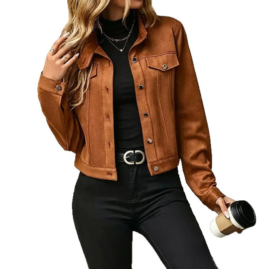 Damen Kurzjacke aus Veloursleder‑Optik mit Hemdkragen und Brusttaschen Nord Taschen