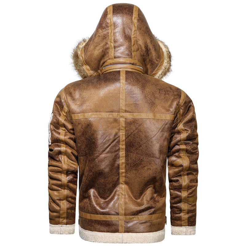 Herren Fliegerjacke aus Vintage-Lederoptik mit Teddyfutter und Kapuze Nord Taschen