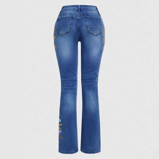 Damen Bootcut-Jeans mit seitlicher Blumenstickerei und komfortablem Stretchbund Nord Taschen