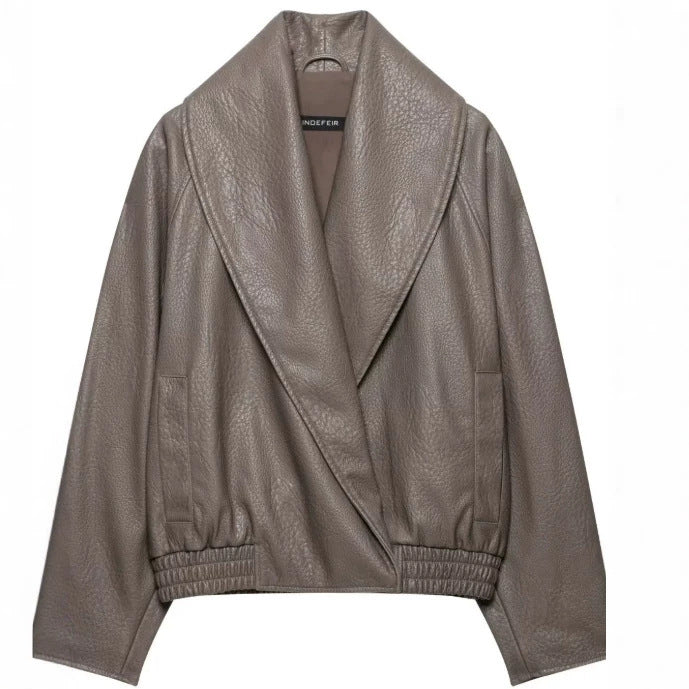 Damen Kurzjacke aus Lederimitat mit weitem Schalkragen und elastischem Saum Nord Taschen