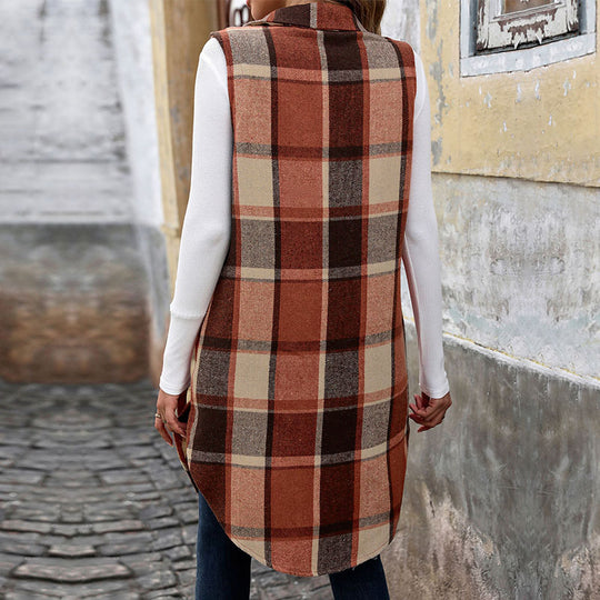 Damen Langer Karo-Weste mit Taschen Nord Taschen