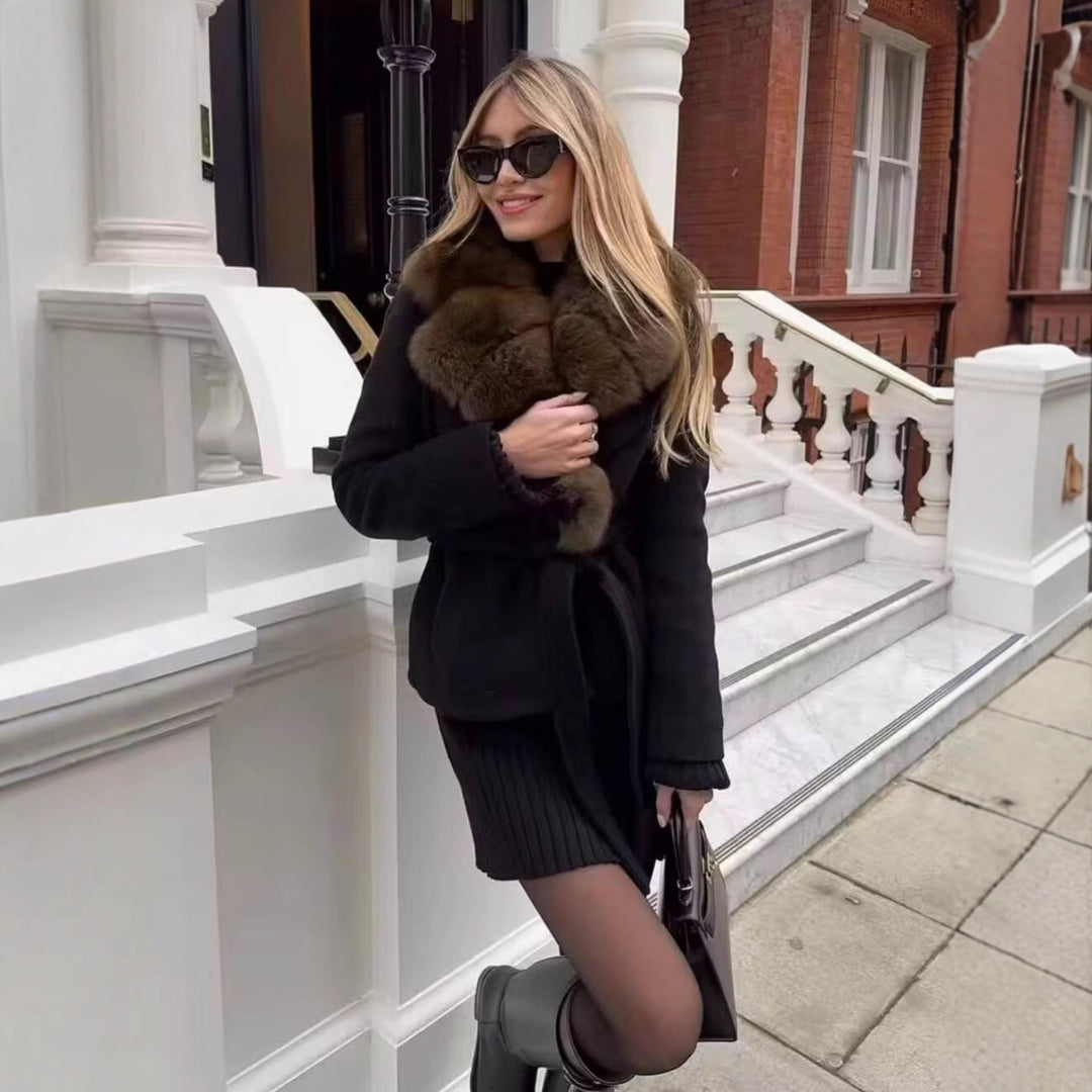 Damen Kurzer Wollmix-Mantel mit abnehmbarem Faux-Fur-Schalkragen und Taillengürtel Nord Taschen