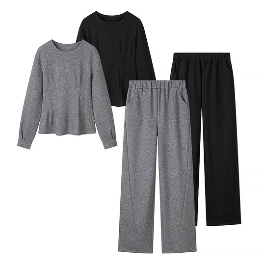 Damen Tailliertes Peplum-Oberteil mit Wiener Nähten und weitem Lounge-Hosen-Set Nord Taschen