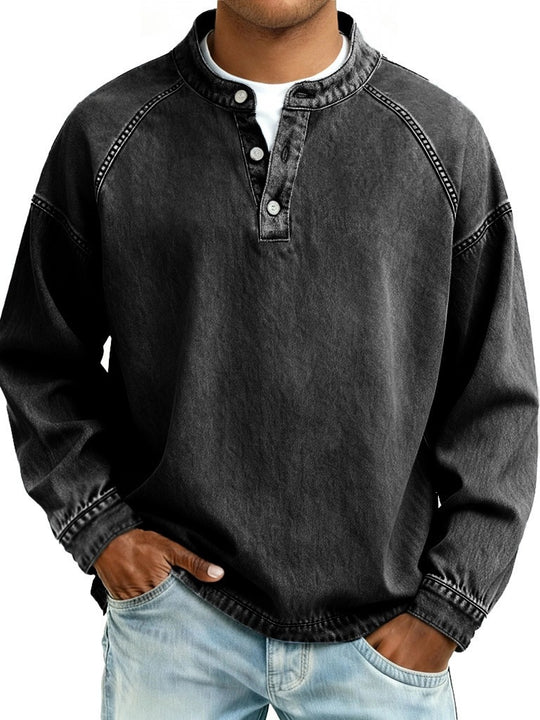 Herren Langarm-Henley Sweatshirt mit Stehkragen und Vintage-Denim-Effekt Nord Taschen
