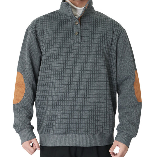 Herren Waffelstrick-Halbzip-Pullover mit Stehkragen Lederbesatz und Ellbogenpatches Nord Taschen
