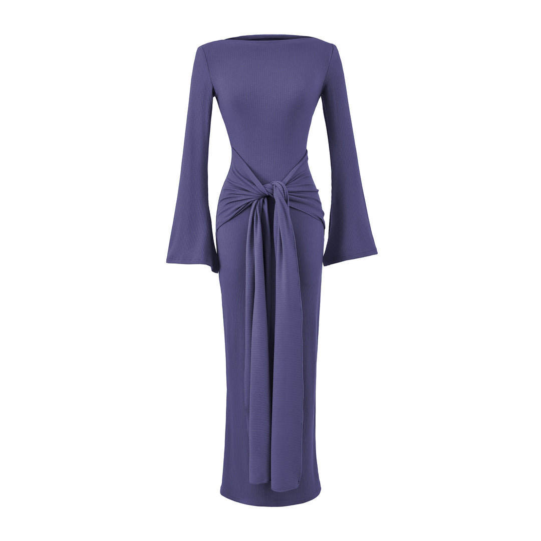 Damen Maxikleid aus Rippstrick mit Trompetenärmeln und Taillen-Knotendetail Nord Taschen
