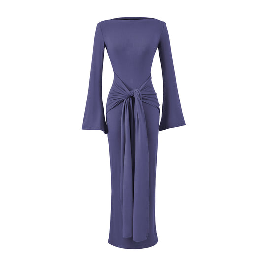 Damen Maxikleid aus Rippstrick mit Trompetenärmeln und Taillen-Knotendetail Nord Taschen