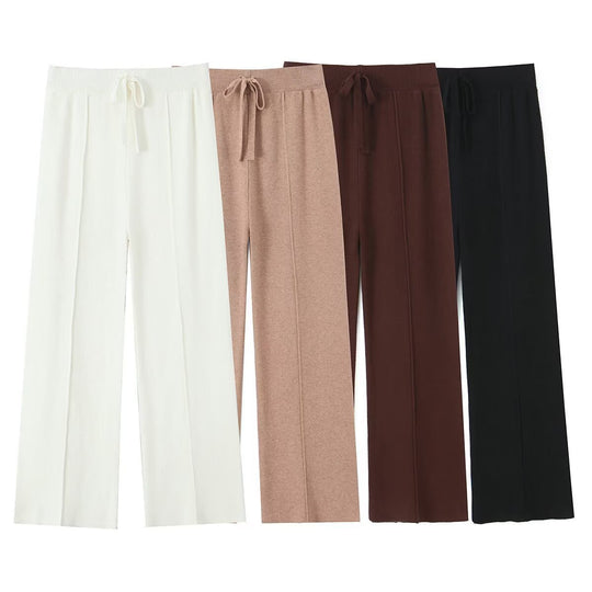 Damen Weite Strickhose mit Rippbund, Tunnelzug und Bügelfalte Nord Taschen