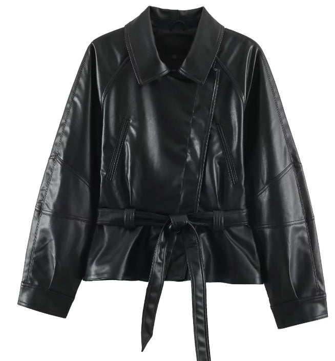 Damen Kurzjacke aus veganem Leder mit Taillengürtel und überschnittenen Schultern Nord Taschen