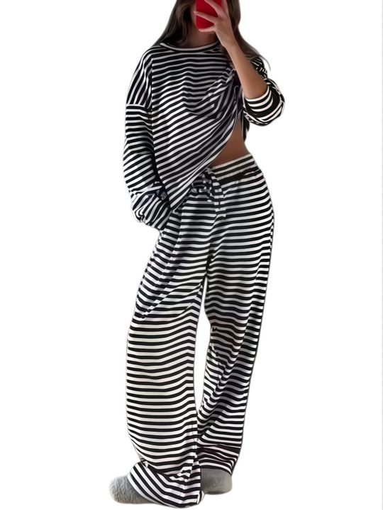Damen Gestreiftes Lounge-Set aus weichem Baumwoll-Mix mit weitem Bein Nord Taschen