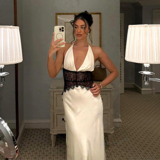 Damen Elegantes Maxikleid mit tiefem V-Ausschnitt und zarter Spitzenverzierung