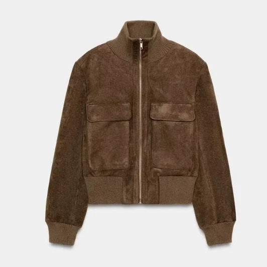 Damen Kurz geschnittene Veloursleder-Bomberjacke mit Pattentaschen und Stehkragen Nord Taschen
