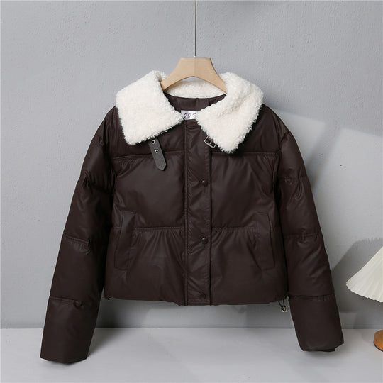 Damen nan kurze gesteppte Winterjacke mit Teddykragen, wattierter Isolierung und verdecktem Druckknopfverschluss Nord Taschen