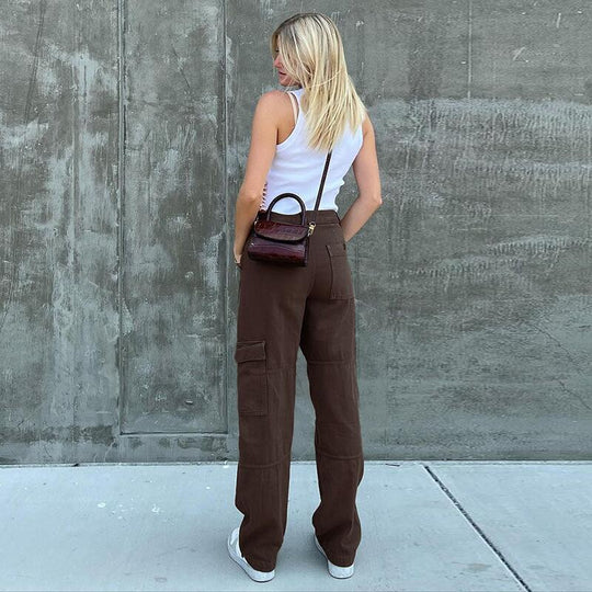 Damen Hochtaillierte Relaxed-Cargo-Hose mit weitem Bein und Knieabnähern Nord Taschen