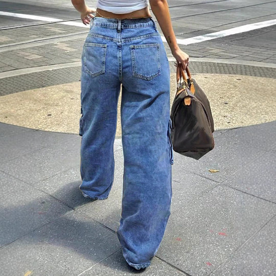 Damen Hochtaillierte Baggy-Cargo-Jeans im Utility-Look mit übergroßen Pattentaschen Nord Taschen