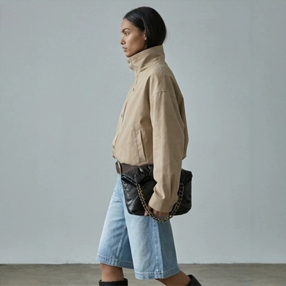 Damen Kurze kastige Canvasjacke mit hohem Stehkragen und Druckknopfleiste Nord Taschen